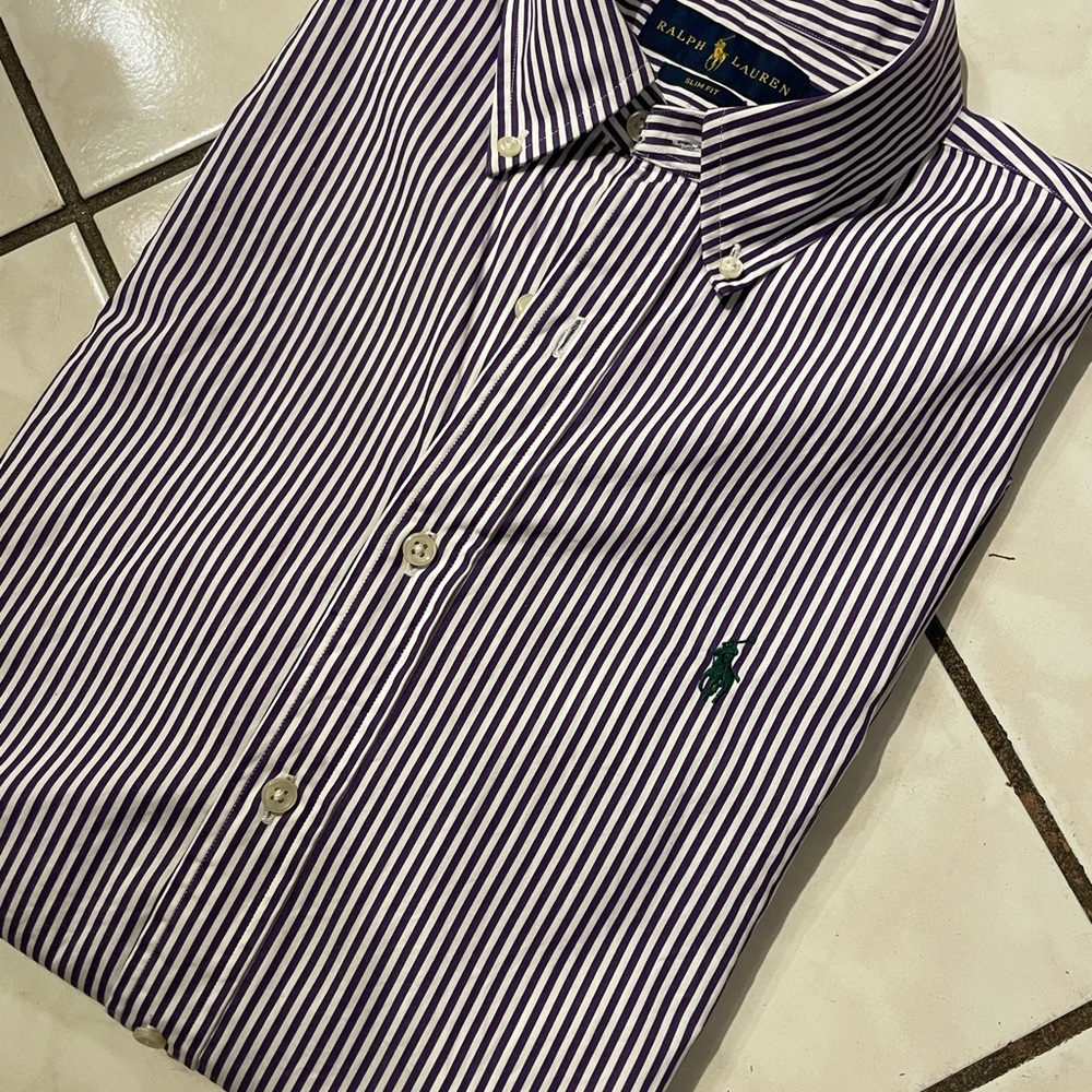 Ralph Lauren Polo Slim Fit Men's Purple Striped Shirt, like new sz medium